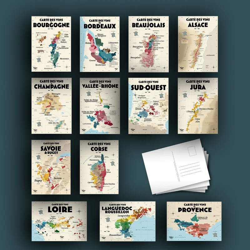Pack complet 13 cartes postales - Les Vins de France 👉-25%