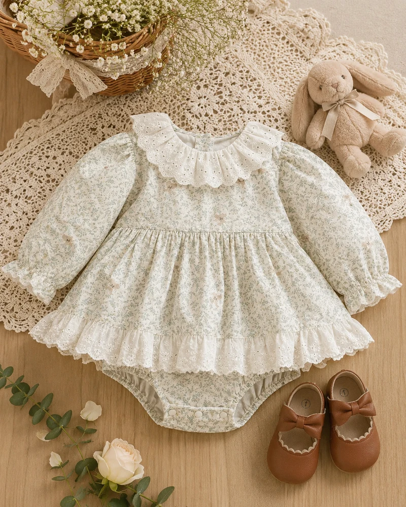 Robe-romper bébé fille à col Claudine avec broderie anglaise – Automne-Hiver