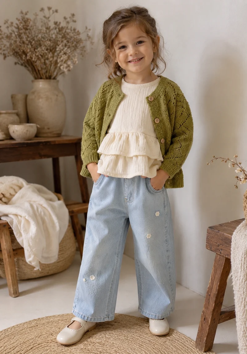 Cardigan olive en tricot ajouré pour bébé et fille – Automne-Hiver