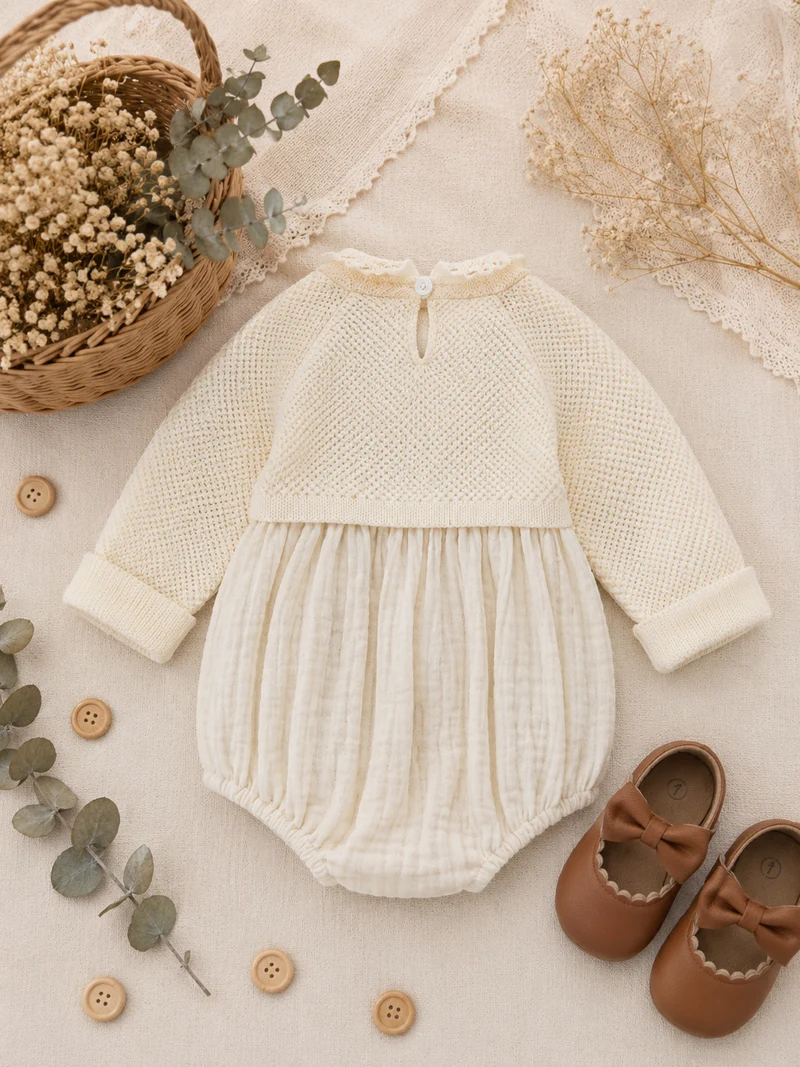 Barboteuse bébé fille en coton et tricot ivoire – Automne-Hiver
