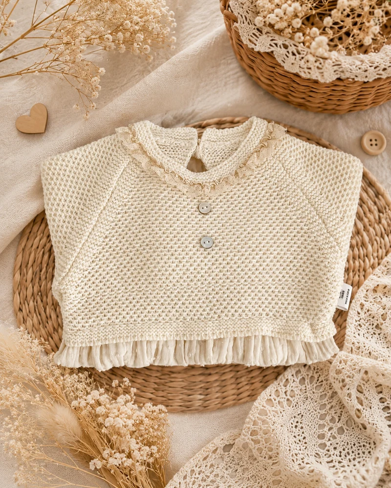 Barboteuse bébé fille en coton et tricot ivoire – Automne-Hiver