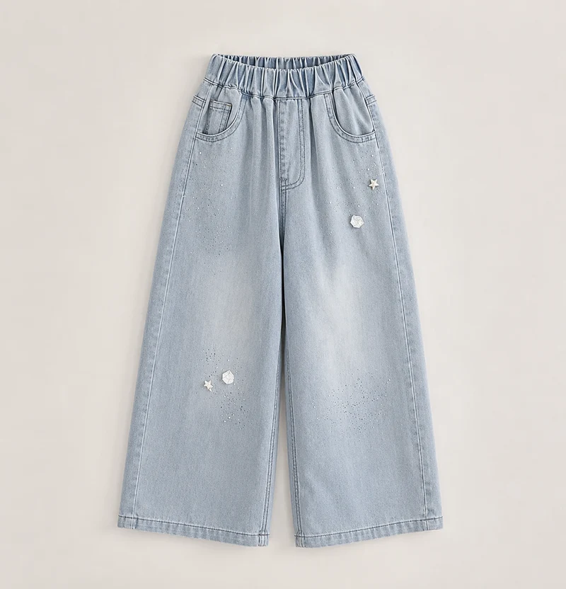 Jean en denim coupe large pour fille avec broderies – Automne-Hiver