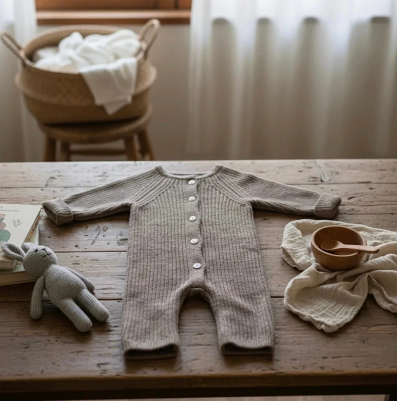 Combinaison bébé garçon tricot coton – Kaki lilas