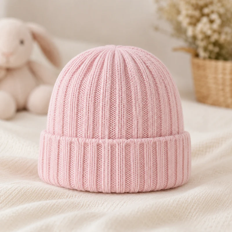 Bonnet rose bébé fille en tricot doux