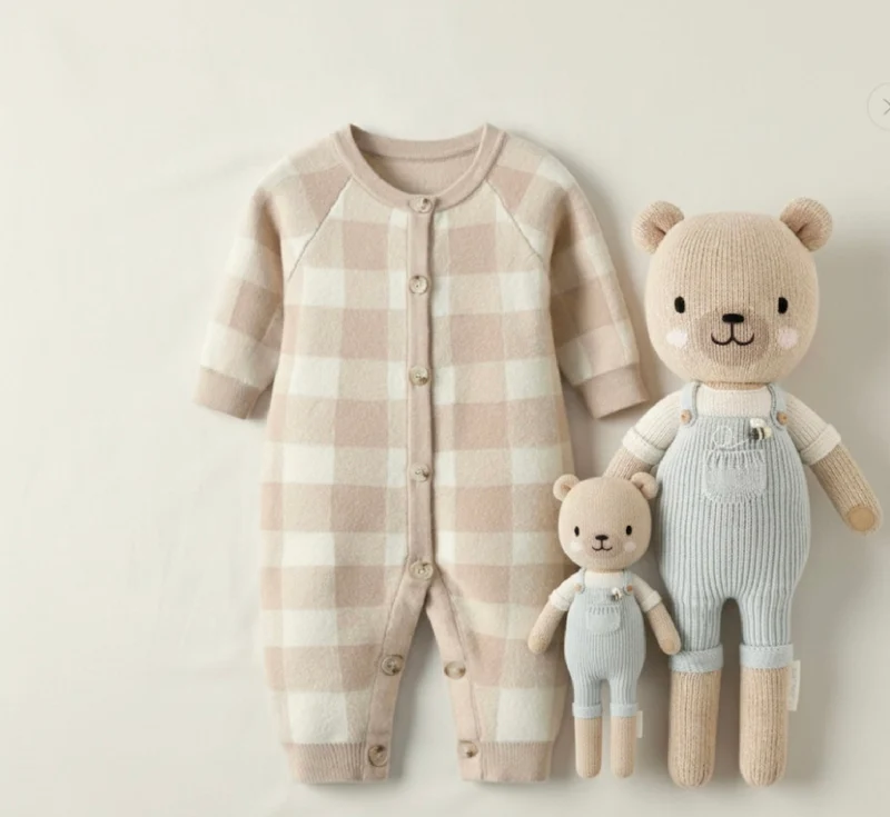 Barboteuse bébé unisexe damiers beige