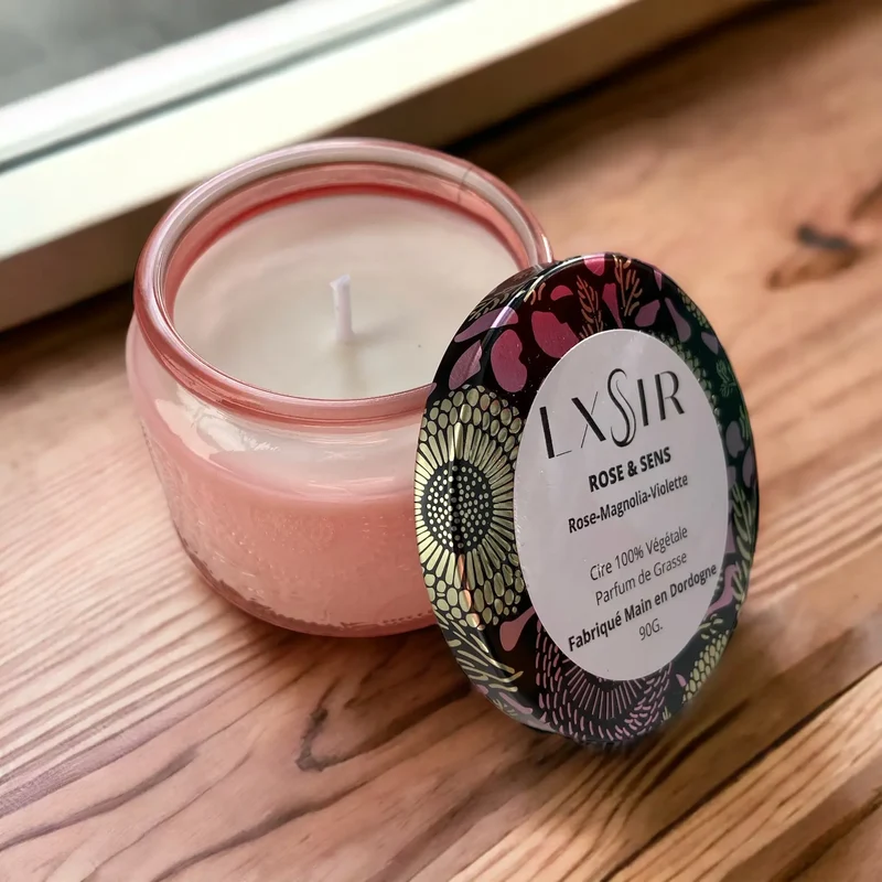 Bougie artisanale cire vegetale - Rose & sens - 90gr - 25hr