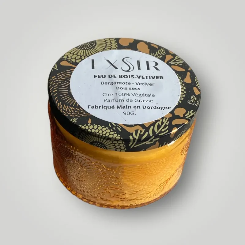 Bougie artisanale cire vegetale - Feu de bois - vetiver - 90gr - 25hr
