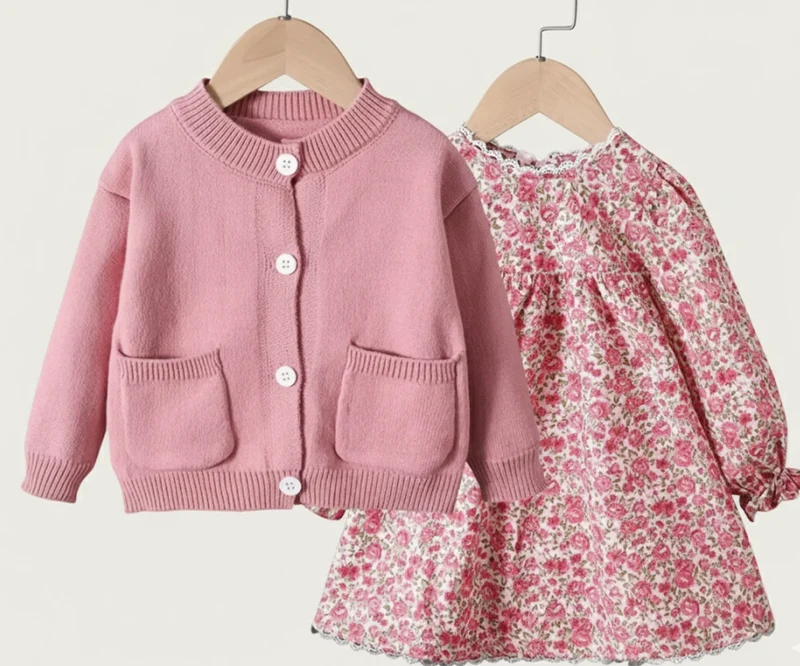 Ensemble filles deux pièces robe florale avec cardigan doux– Kaki lilas
