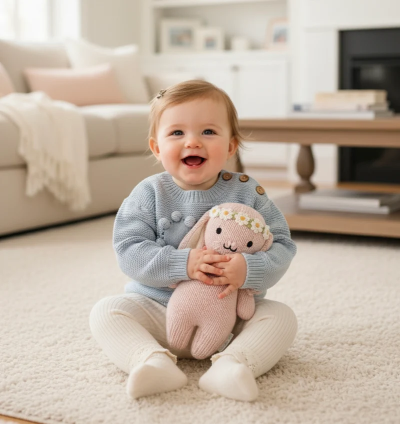 Pull bébé fille en coton doux avec cœur brodé – Kaki Lilas