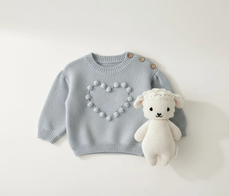 Pull bébé fille en coton doux avec cœur brodé – Kaki Lilas