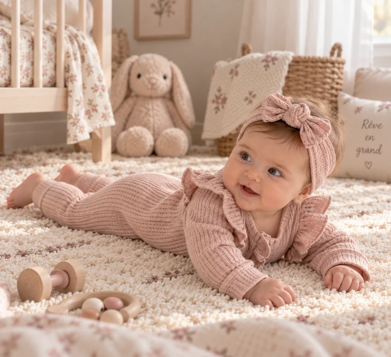Barboteuse bébé fille style boho avec bandeau assorti
