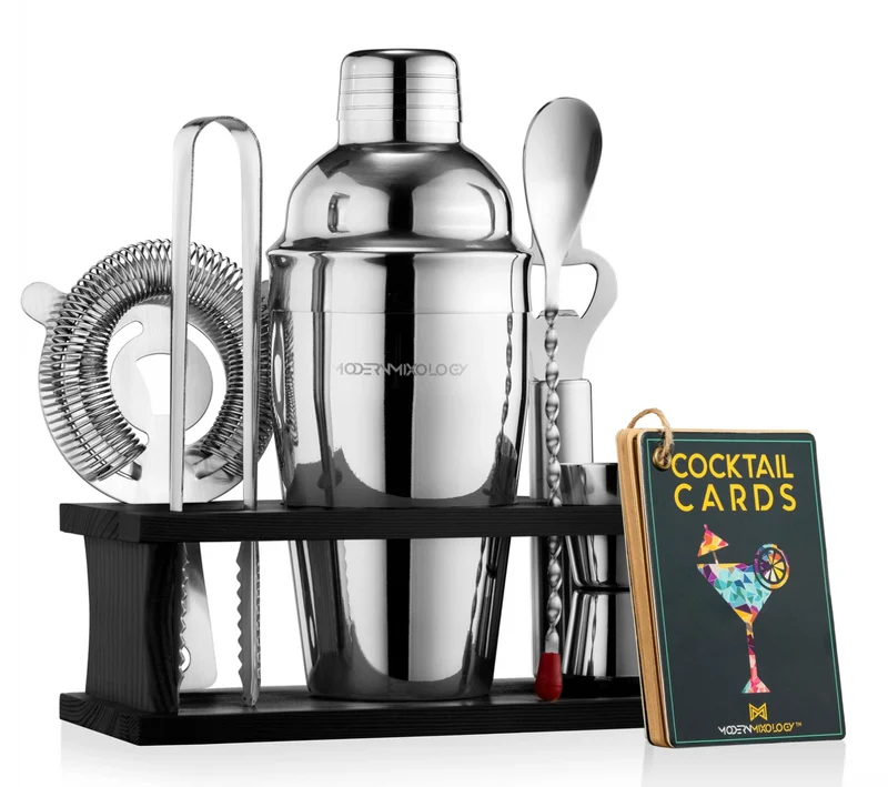 Ensemble de shaker à cocktail en argent avec support en bois noir