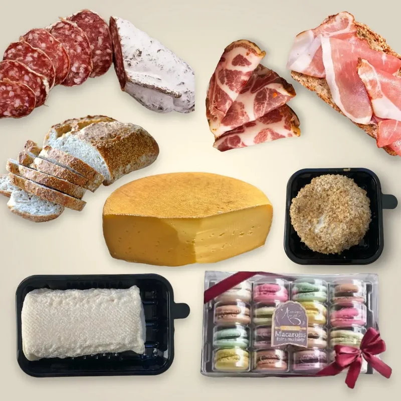 Dinner dans un panier - Plateau de charcuterie, fromage et Macarons