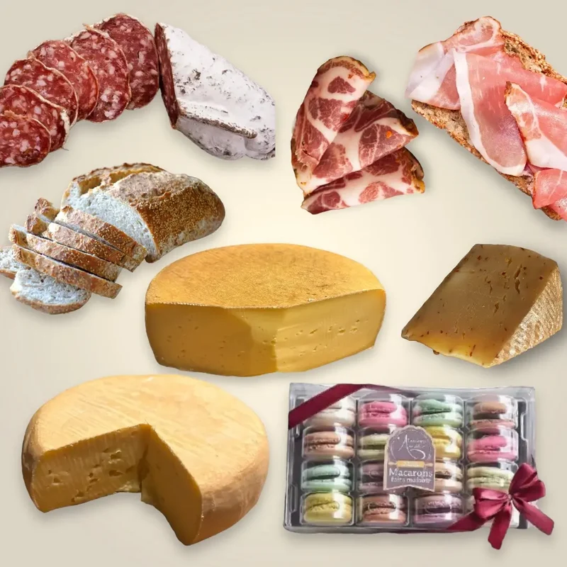 Dinner dans un panier - Plateau de charcuterie, fromage et Macarons