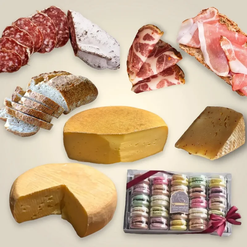Dinner dans un panier - Plateau de charcuterie, fromage et Macarons