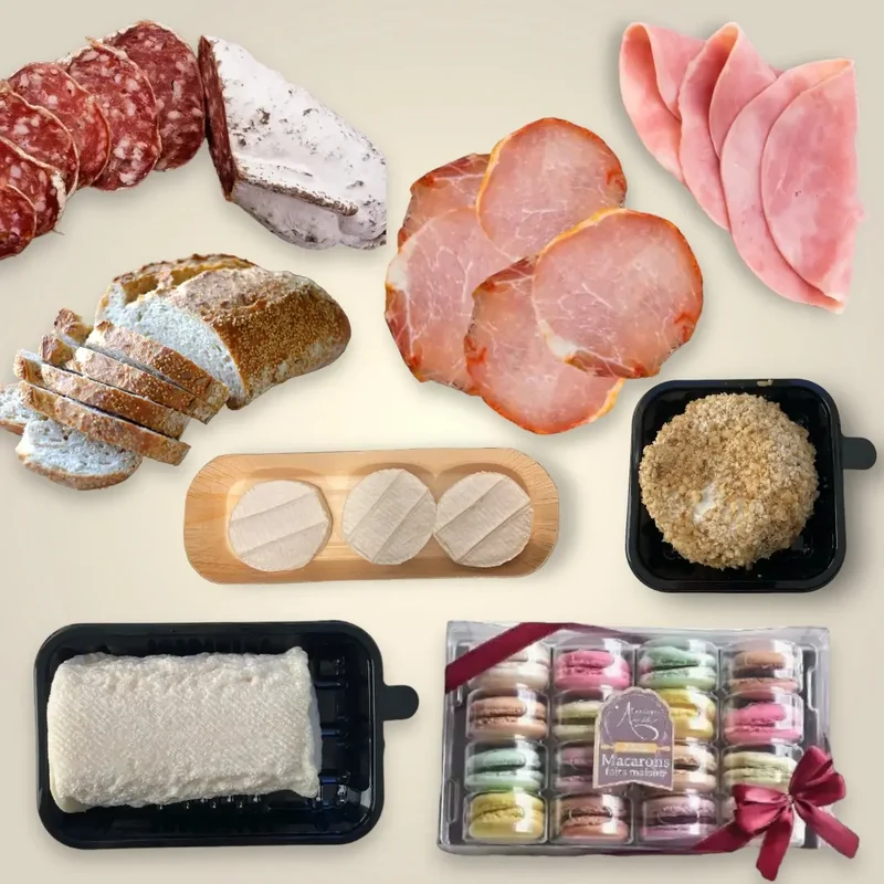Dinner dans un panier - Plateau de charcuterie, fromage et Macarons