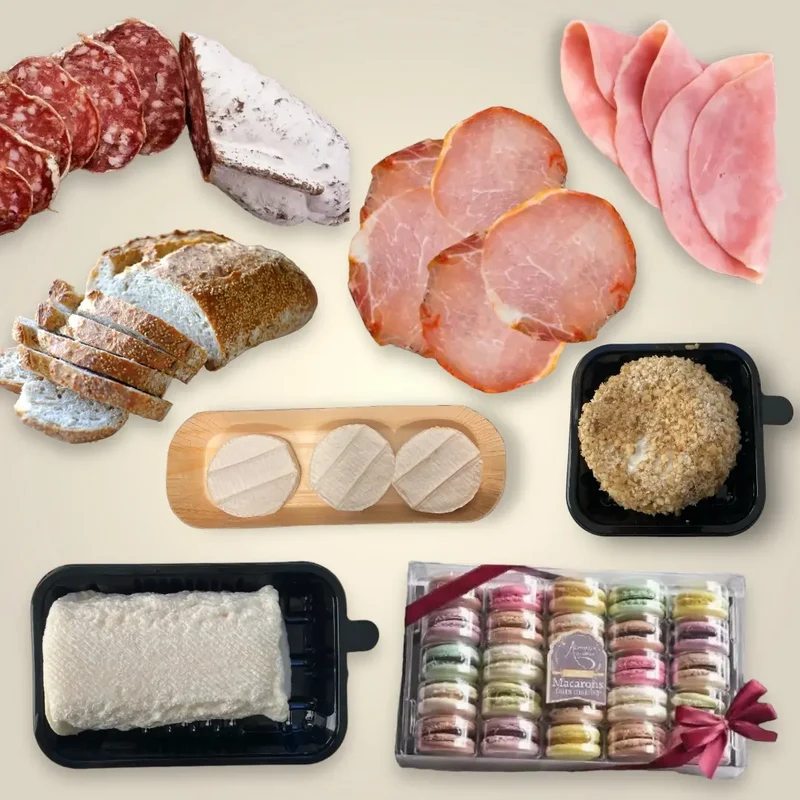 Dinner dans un panier - Plateau de charcuterie, fromage et Macarons