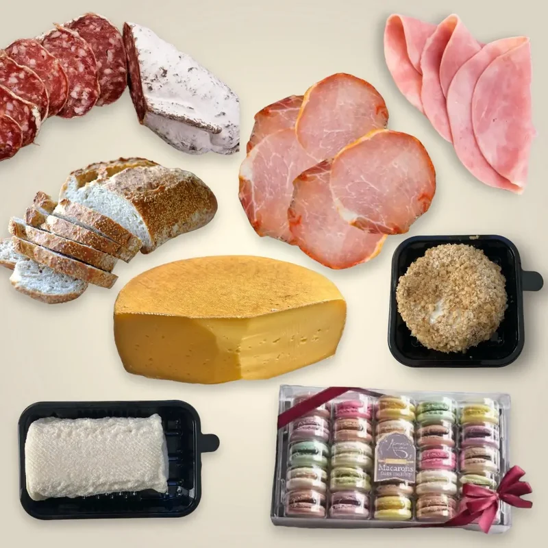 Dinner dans un panier - Plateau de charcuterie, fromage et Macarons