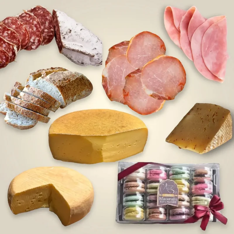 Dinner dans un panier - Plateau de charcuterie, fromage et Macarons
