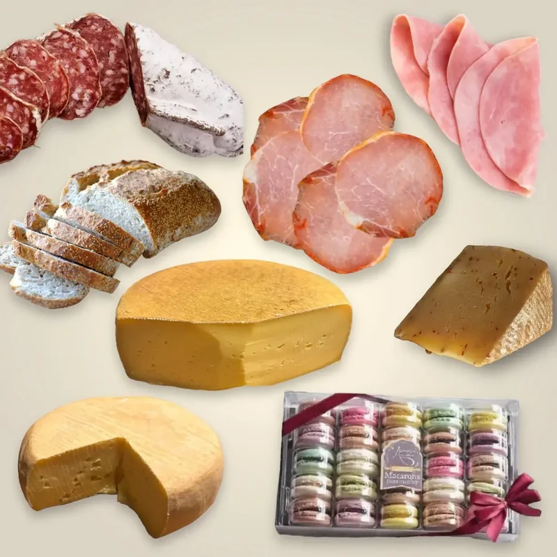 Dinner dans un panier - Plateau de charcuterie, fromage et Macarons