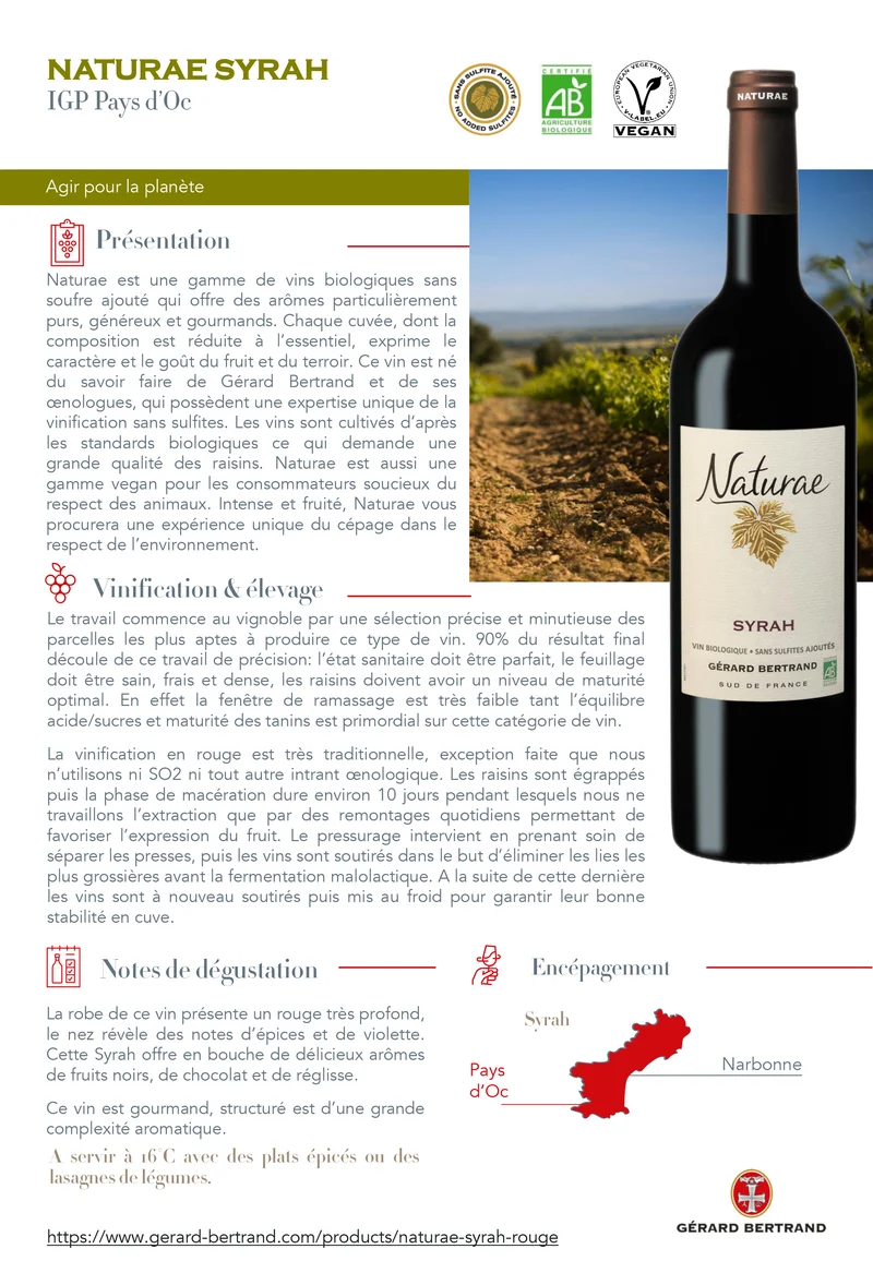 Naturae Syrah IGP Pays d'Oc 2024 – 75cl Lot 6 Bouteilles vin rouge