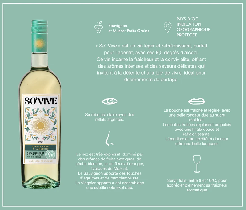 So'Vive vin blanc bio IGP Pays d'Oc 2024 – Lot 3 Bouteilles 75cl